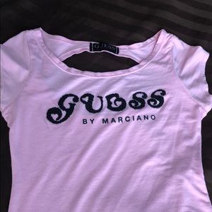 Soft pink cotton blend top with Guess in beads